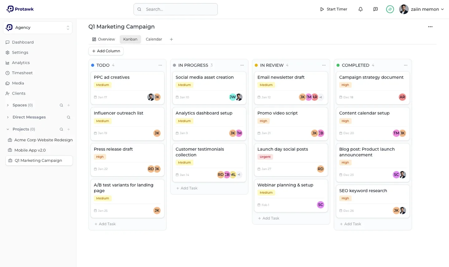 The Protawk workspace showing a campaign board with tasks grouped into to do, in progress, in review and completed columns.