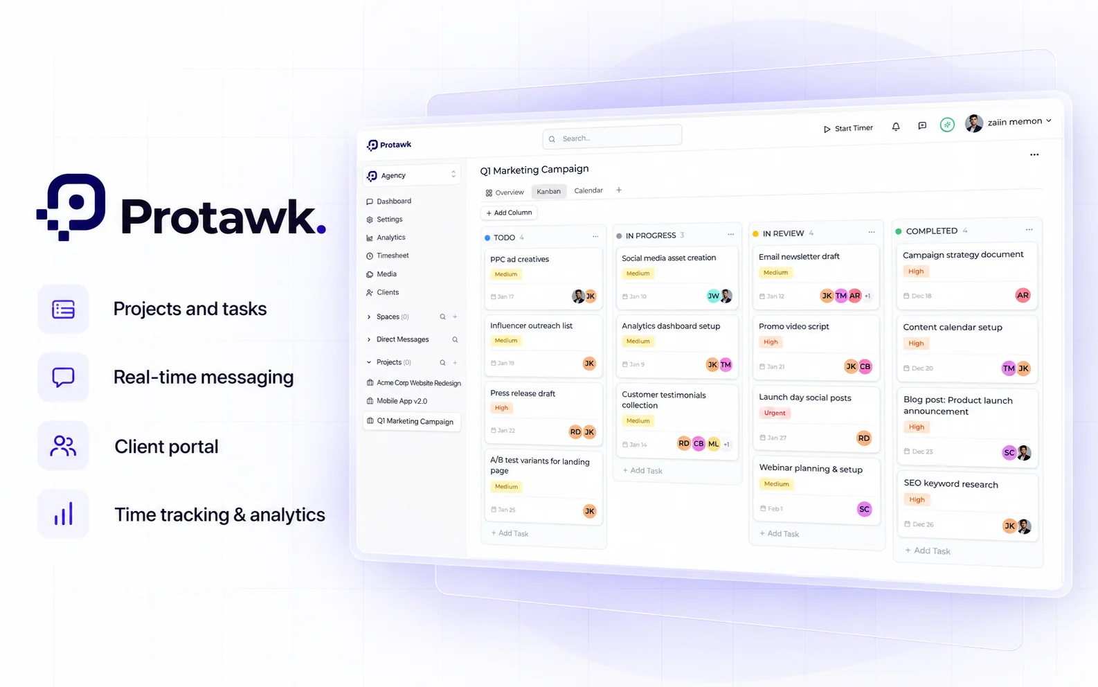Protawk. Projects and tasks. Real-time messaging. Client portal. Time tracking & analytics. View case study.