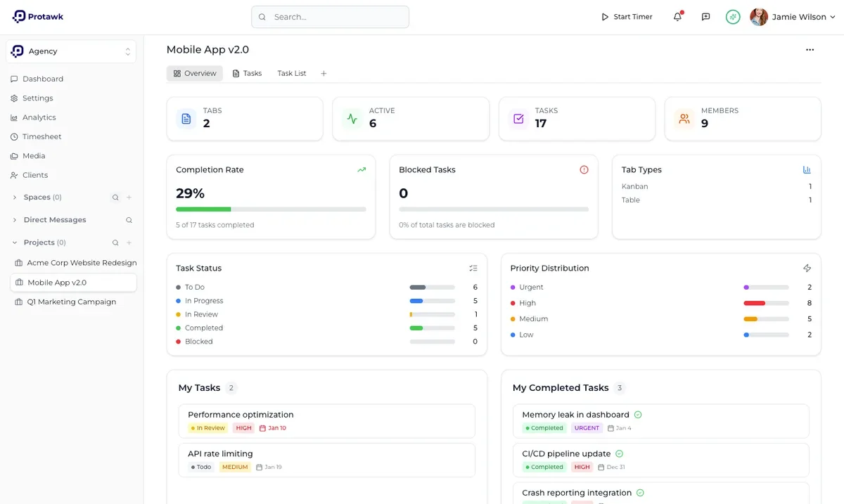 A Protawk project board with tasks grouped into columns by status.