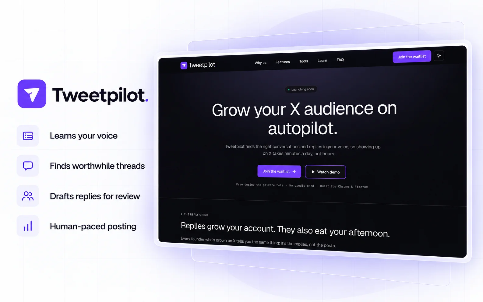 Tweetpilot. Learns your voice. Finds worthwhile threads. Drafts replies for review. Human-paced posting. View case study.
