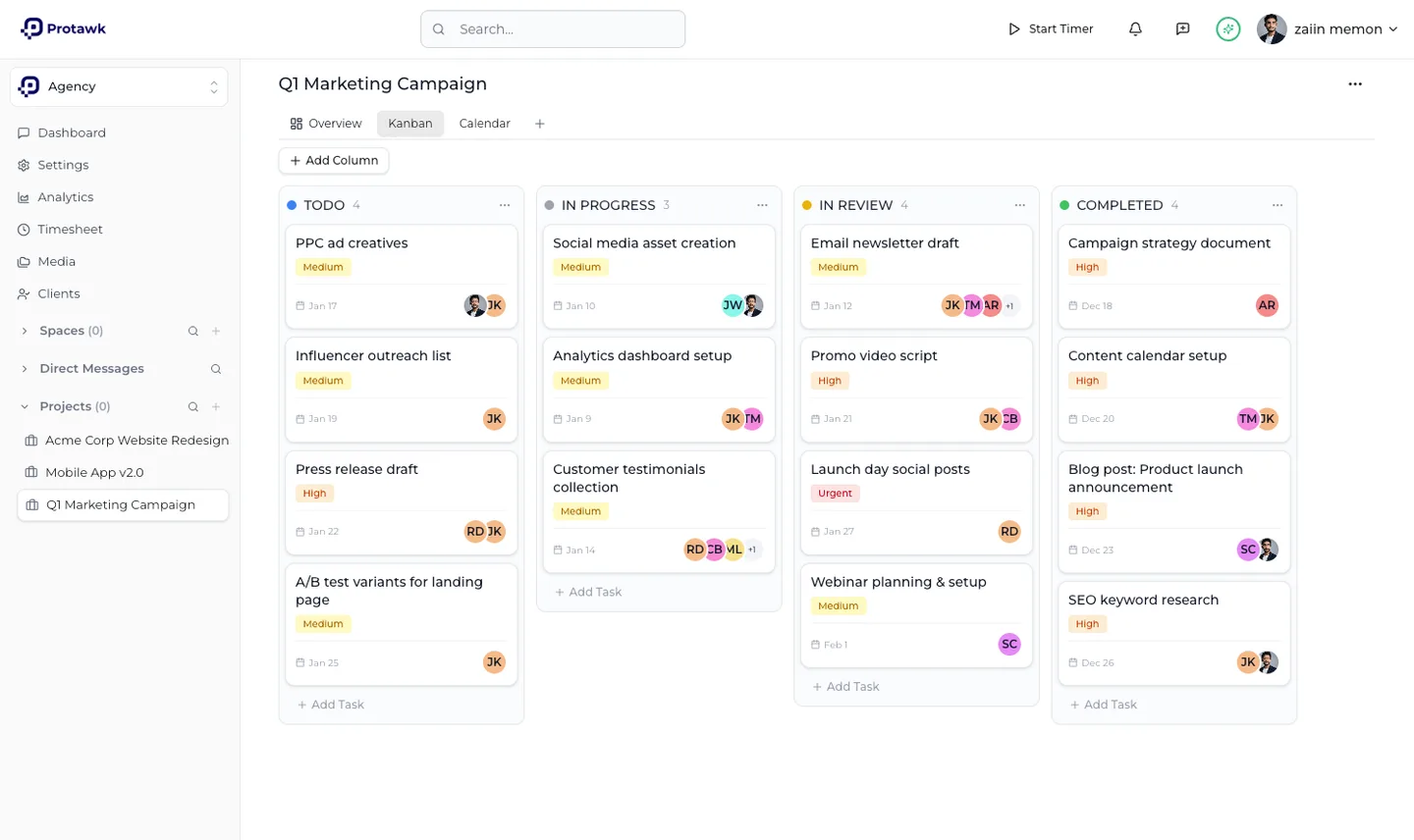 The Protawk workspace showing a campaign board with tasks grouped into to do, in progress, in review and completed columns.