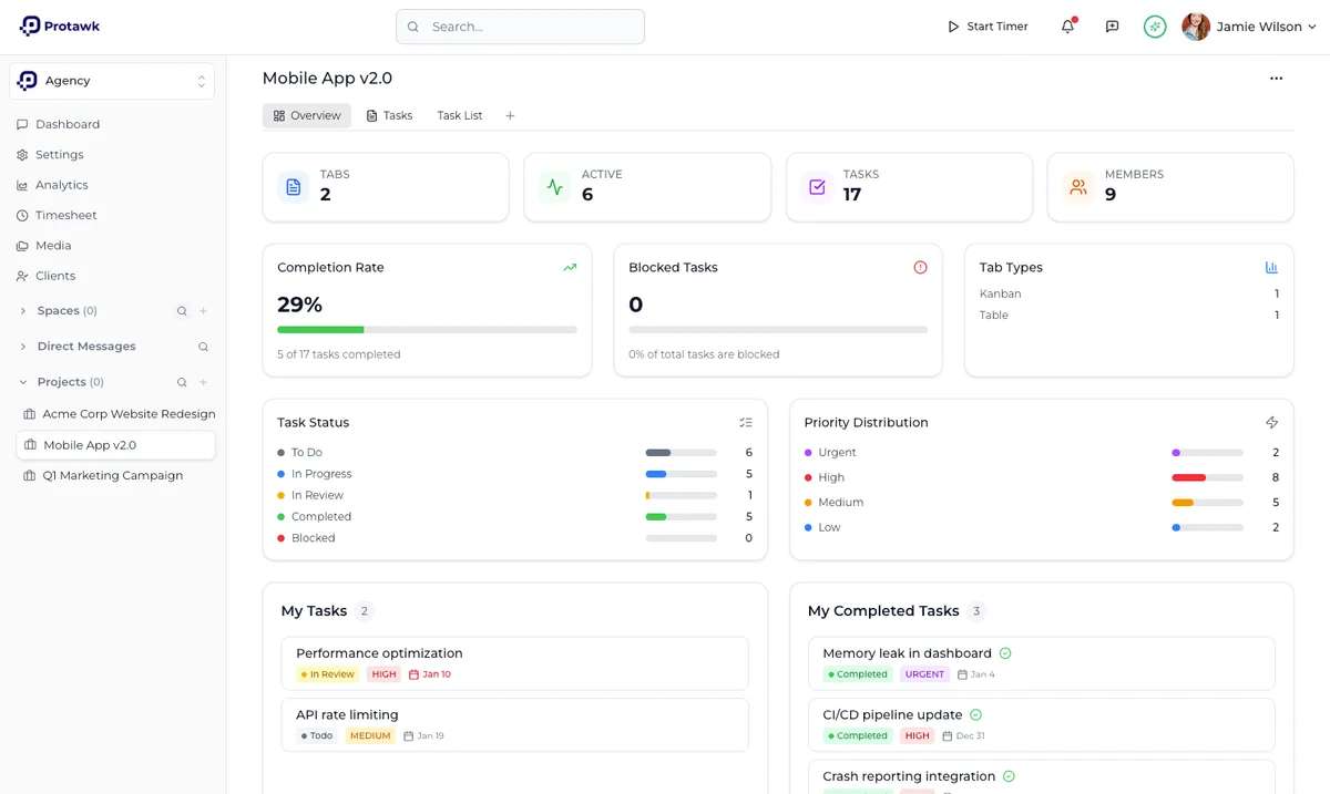 A Protawk project board with tasks grouped into columns by status.
