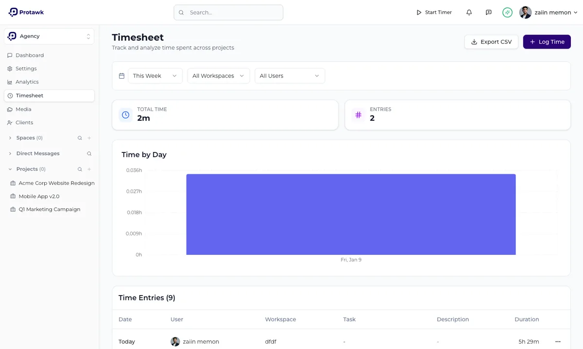 Protawk timesheet listing tracked hours by task and by day.
